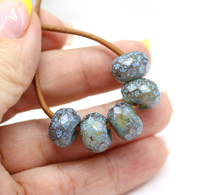 12x8mm Rustic blue green Large hole beads European charm czech glass 5Pc