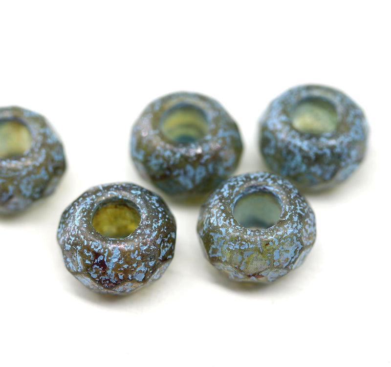12x8mm Rustic blue green Large hole beads European charm czech glass 5Pc