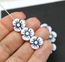 13mm Black and white pansy flower beads Czech glass daisy flower, 6pc