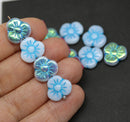 13mm White pansy flower beads blue inlays Czech glass AB finish, 6pc
