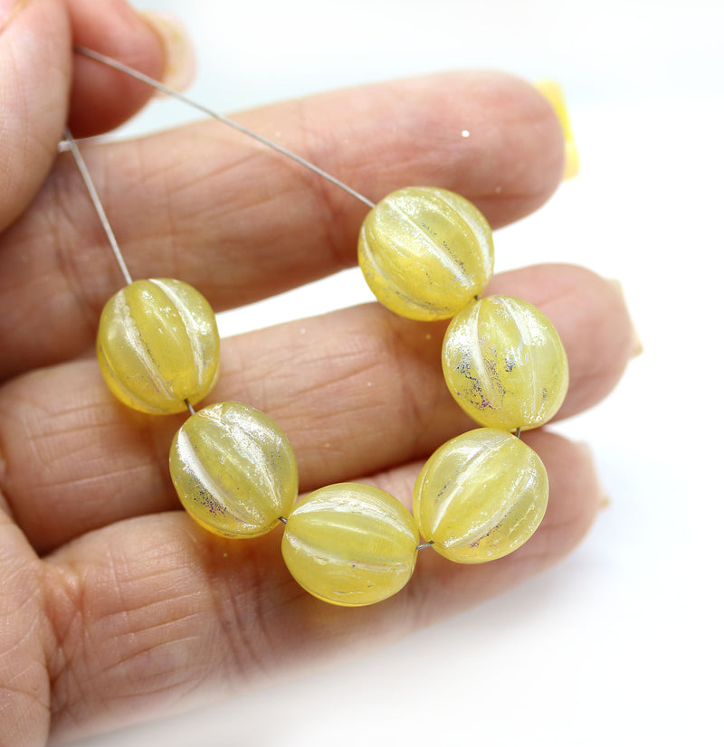 12mm Opal yellow melon czech glass beads, silver wash, 6pc