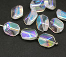 14x10mm Large geometry hexagon clear Czech glass beads, AB finish, 10pc