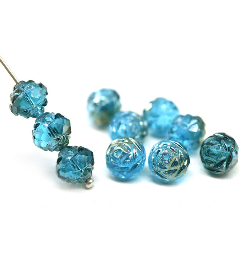 8mm Indicolite blue rose bud flower round fire polished beads 10pc