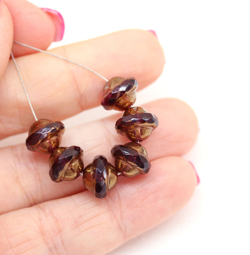 8x10mm Dark purple saucer Czech glass beads, UFO shape, golden ends - 6pc