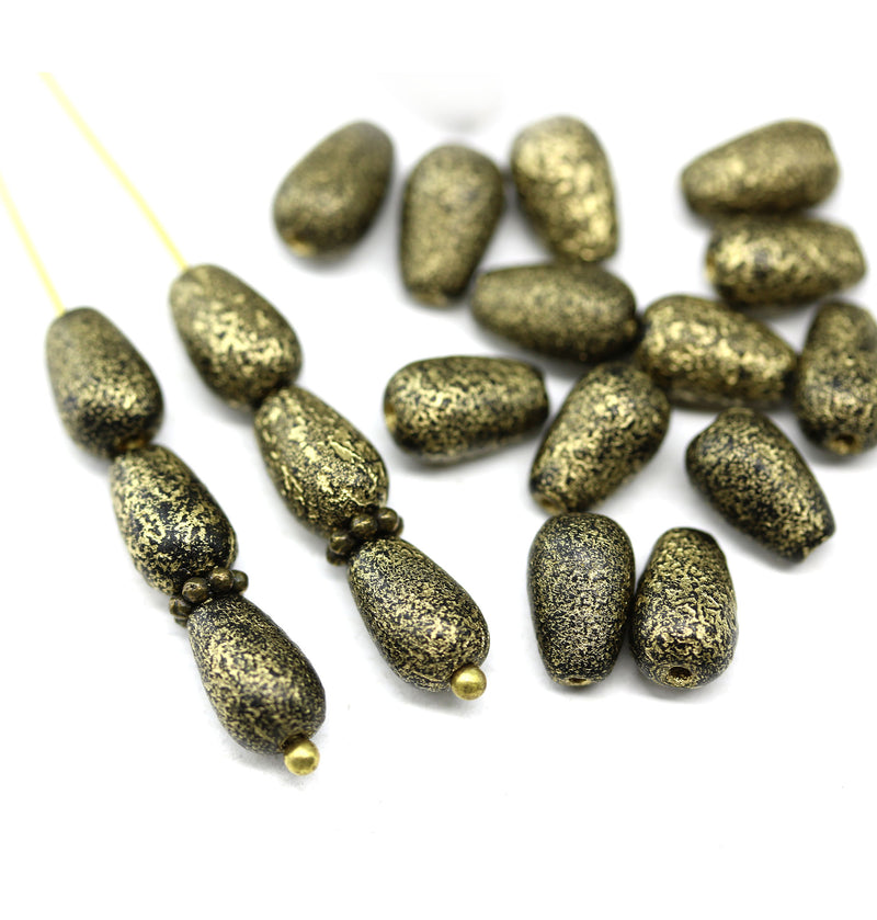 9x6mm Golden wash teardrop black czech glass pear beads 20pc