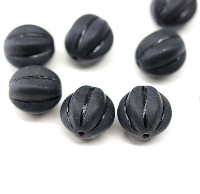 12mm Frosted black melon czech glass beads, 8pc