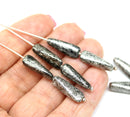 17x6mm Long black triangle beads silver wash Czech glass beads, 10Pc