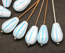 15x8mm White pear shape teardrop czech glass beads blue inlays, 10pc