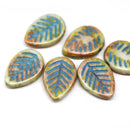 12x16mm Picasso czech glass leaf beads, blue inlays side drilled leaves 6pc