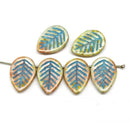 12x16mm Picasso czech glass leaf beads, blue inlays side drilled leaves 6pc