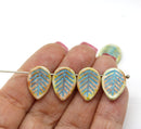 12x16mm Picasso czech glass leaf beads, blue inlays side drilled leaves 6pc