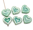 14mm Blue green heart Czech glass beads - 6pc