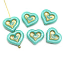 14mm Blue green heart Czech glass beads - 6pc
