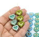 14mm Blue green heart Czech glass beads - 6pc
