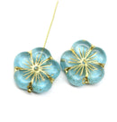 22mm Teal large czech glass flower beads gold wash, 2pc