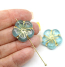 22mm Teal large czech glass flower beads gold wash, 2pc