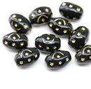 12x9mm Jet black barrel czech glass beads, golden ornaments, 15Pc