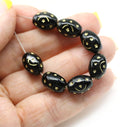 12x9mm Jet black barrel czech glass beads, golden ornaments, 10Pc