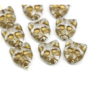 10pc Clear cat head beads, bronze wash Czech glass feline beads