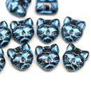 10pc Black cat head beads, blue wash Czech glass feline beads