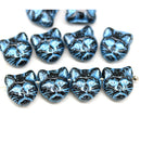 10pc Black cat head beads, blue wash Czech glass feline beads