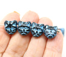 10pc Black cat head beads, blue wash Czech glass feline beads