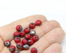 5x7mm Matte red czech glass rondelle beads, dark silver metallic, 20pc