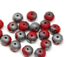 5x7mm Matte red czech glass rondelle beads, dark silver metallic, 20pc