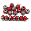 5x7mm Matte red czech glass rondelle beads, dark silver metallic, 20pc