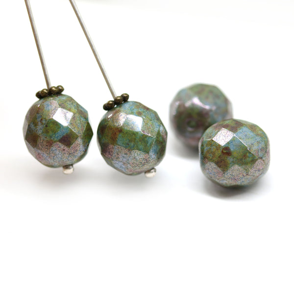 12mm Picasso mother of pearl shine Czech Glass round fire polished beads 4pc