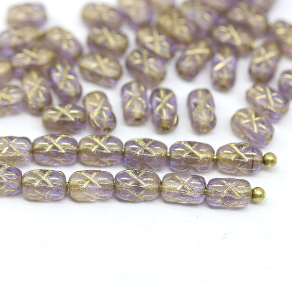 6x4mm Light purple gold ornament czech glass rice beads 50pc