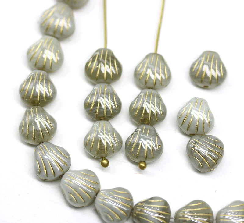 9mm Gray glass shell beads gold wash Czech beach seashell beads - 20Pc
