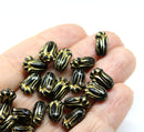 12x8mm Black tulip beads gold wash Czech glass flower - 20Pc