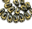 12x8mm Black tulip beads gold wash Czech glass flower - 20Pc