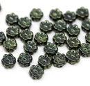 6mm Dark green daisy flower czech glass beads, 30pc