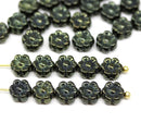 6mm Dark green daisy flower czech glass beads, 30pc