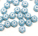 6mm Blue silver daisy flower czech glass beads, 30pc