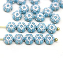 6mm Blue silver daisy flower czech glass beads, 30pc