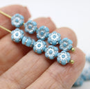 6mm Blue silver daisy flower czech glass beads, 30pc