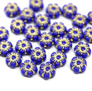 6mm Dark blue daisy flower czech glass beads, golden inlays 30pc
