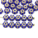 6mm Dark blue daisy flower czech glass beads, golden inlays 30pc