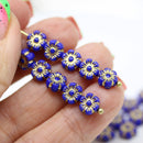6mm Dark blue daisy flower czech glass beads, golden inlays 30pc