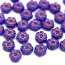 6mm Dark blue copper daisy flower czech glass beads, 30pc