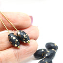 12x8mm Frosted black barrel czech glass fire polished oval beads, gold wash, 6Pc
