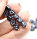 6mm Black daisy flower czech glass beads, 30pc