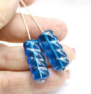 25x11mm Capri blue Rectangular czech glass beads silver wash, 6Pc