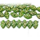12x7mm Green Czech glass leaf beads golden inlays - 30pc