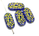 25x12mm Large oval dark blue flat czech glass beads with yellow ornament - 4pc