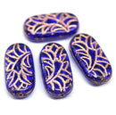 25x12mm Large oval dark blue flat czech glass beads with copper ornament - 4pc