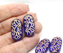 25x12mm Large oval dark blue flat czech glass beads with copper ornament - 4pc